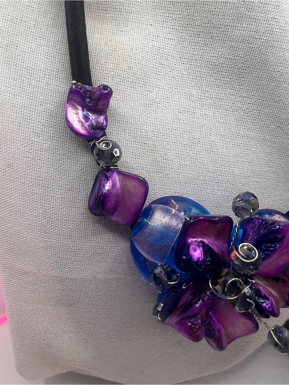 Purple and Blue Floral statement necklace and Ring